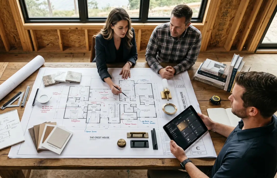 A small team reviewing plans inside a framed luxury home before drywall