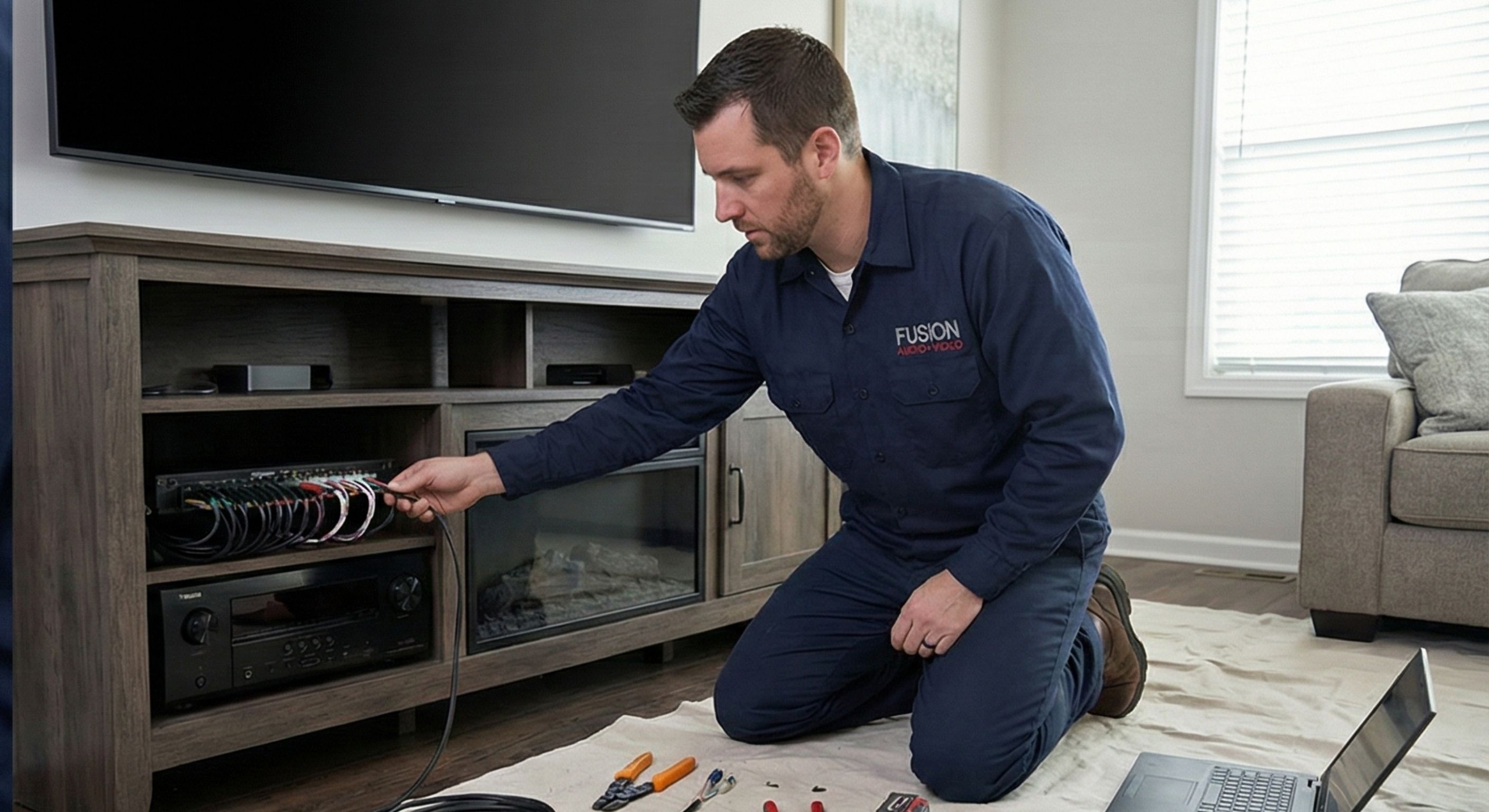 Man installing AV gear in a home