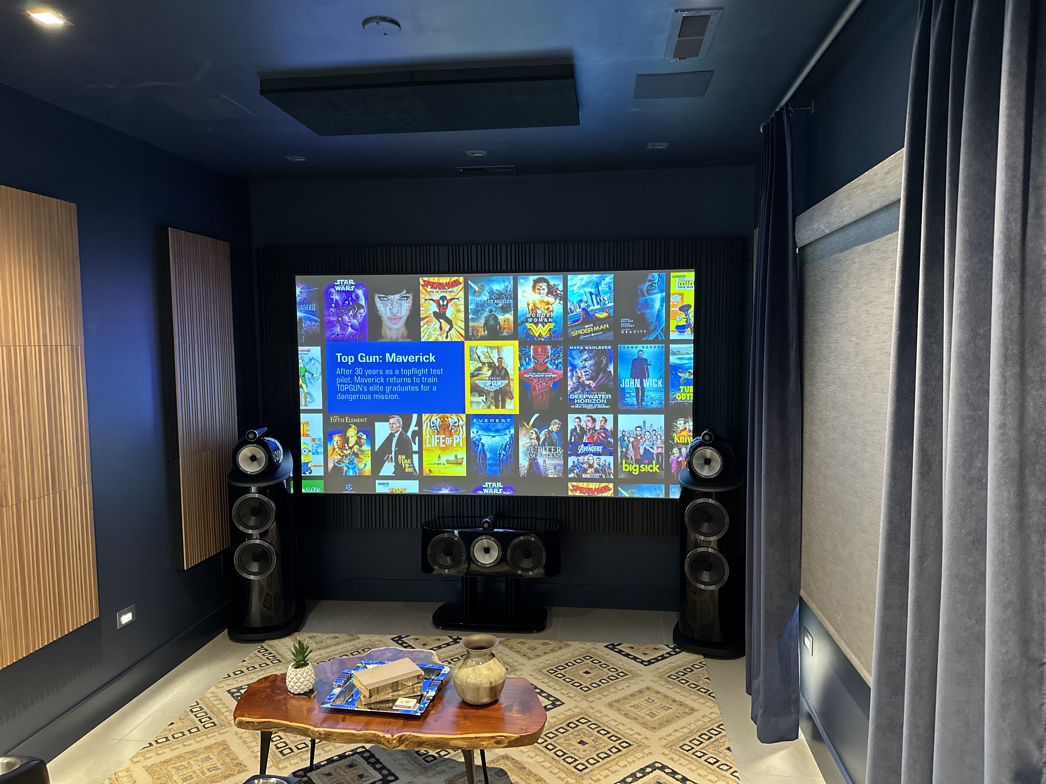 Theatre Room setup with Focal speakers, acoustic panels, and display
