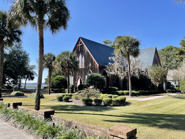 Church surrounded by palm trees