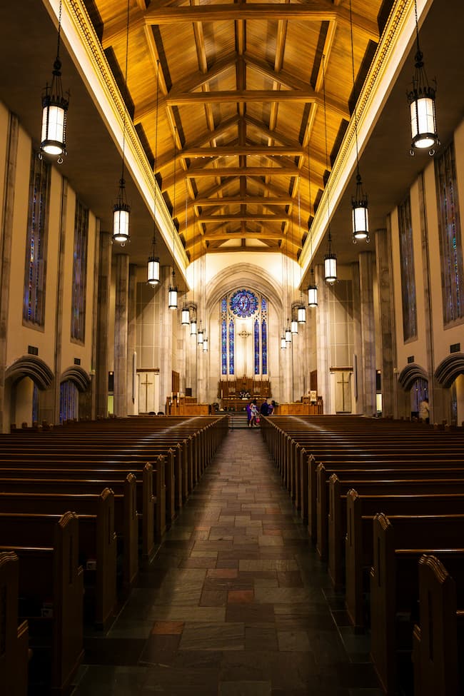 Church sanctuary with long center aisle