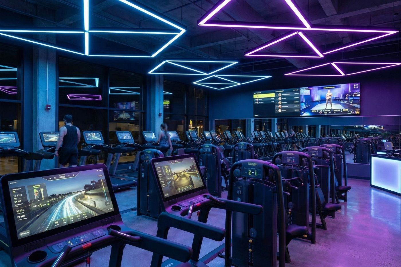 Gym with modern equipment and neon lights