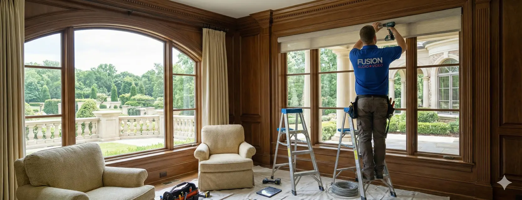 Technician installing blinds