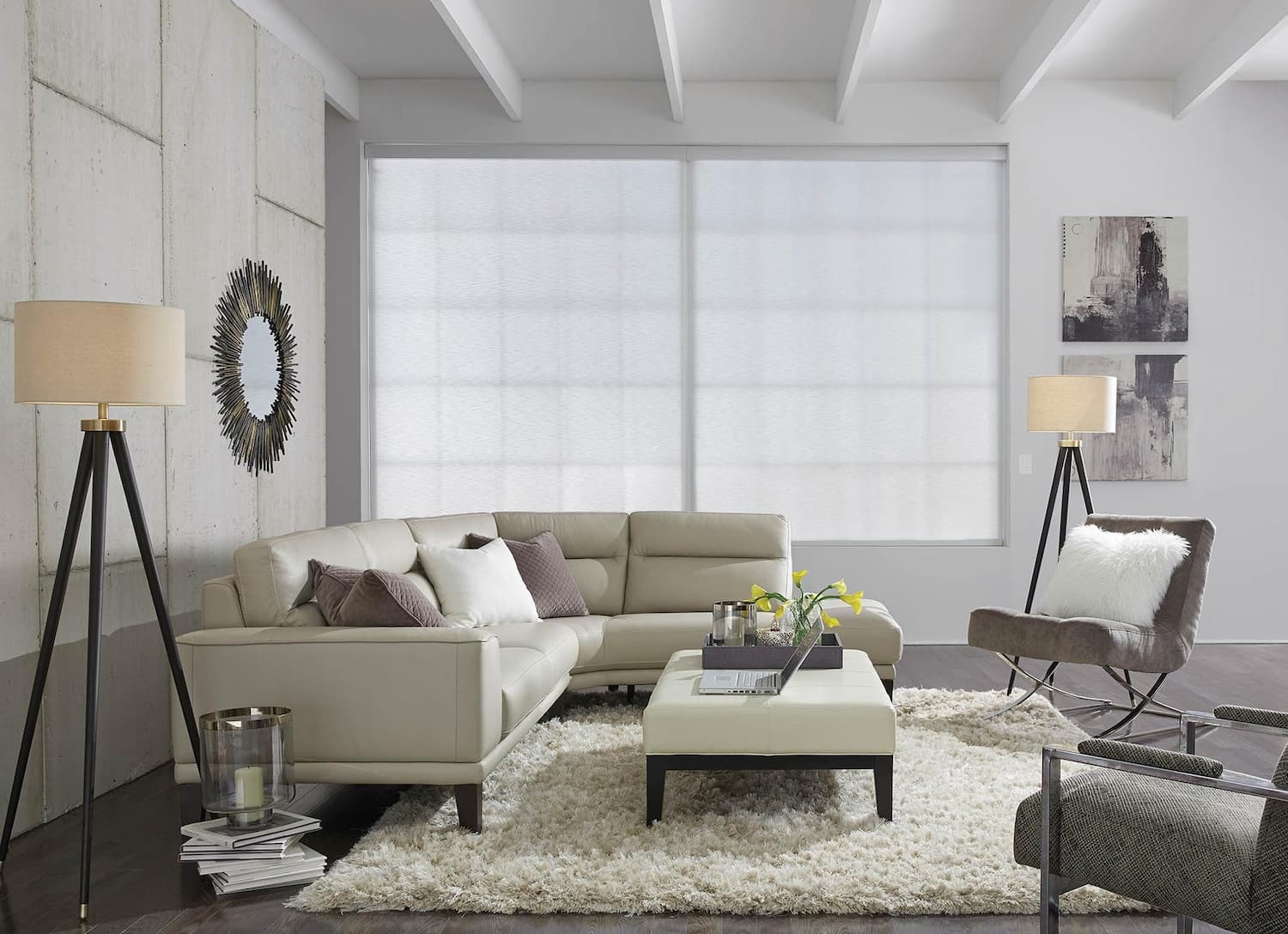 Living room with large window and white rug
