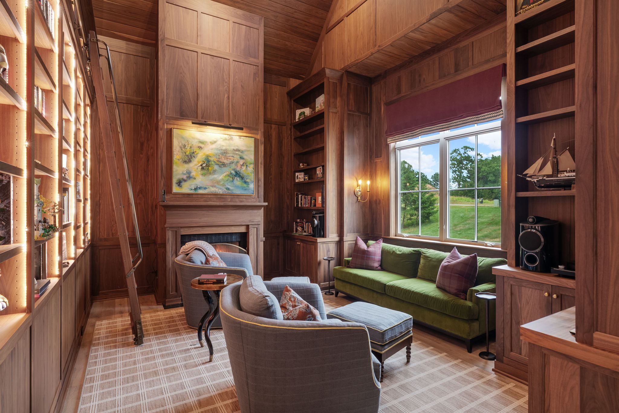 Library seating area framed by wood shelving