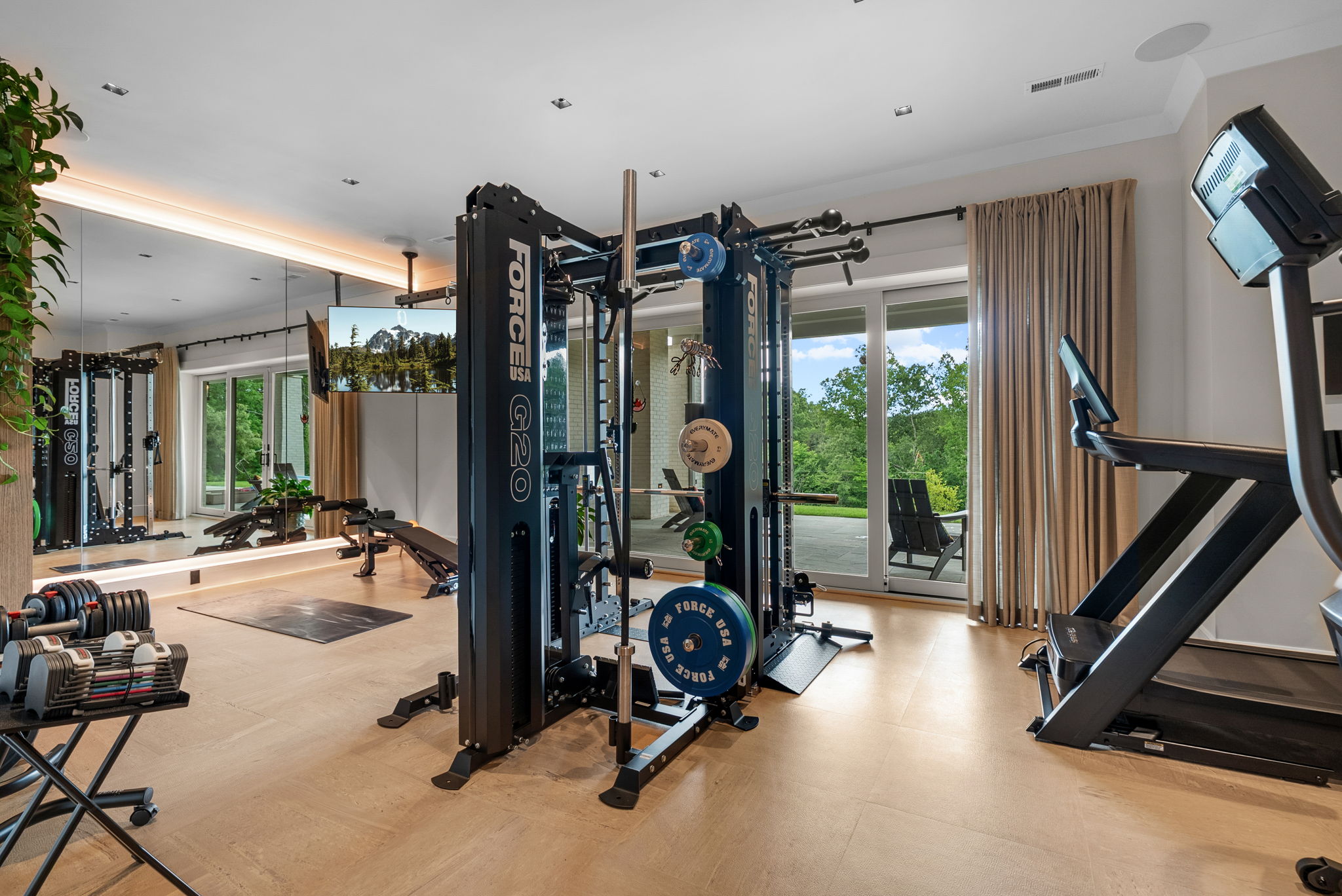 Home gym with strength and cardio equipment